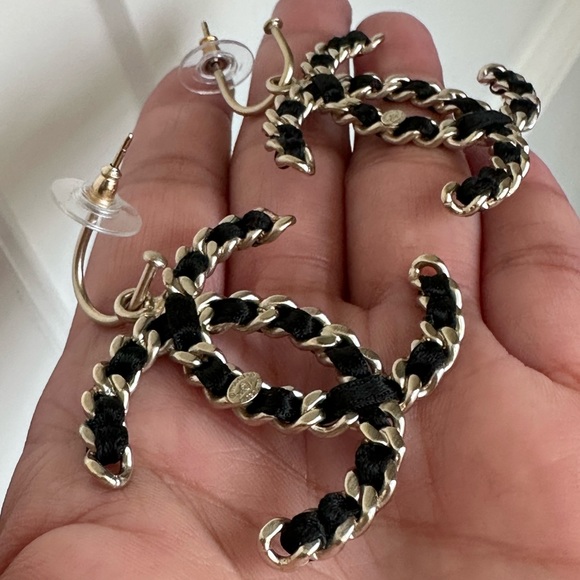 Chanel CC Chain Dangle Earrings Gold and Satin - Picture 9 of 16